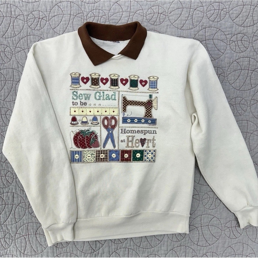 VTG Contrast Polo Collar Women's Graphic Sewing Sweatshirt / Size Large